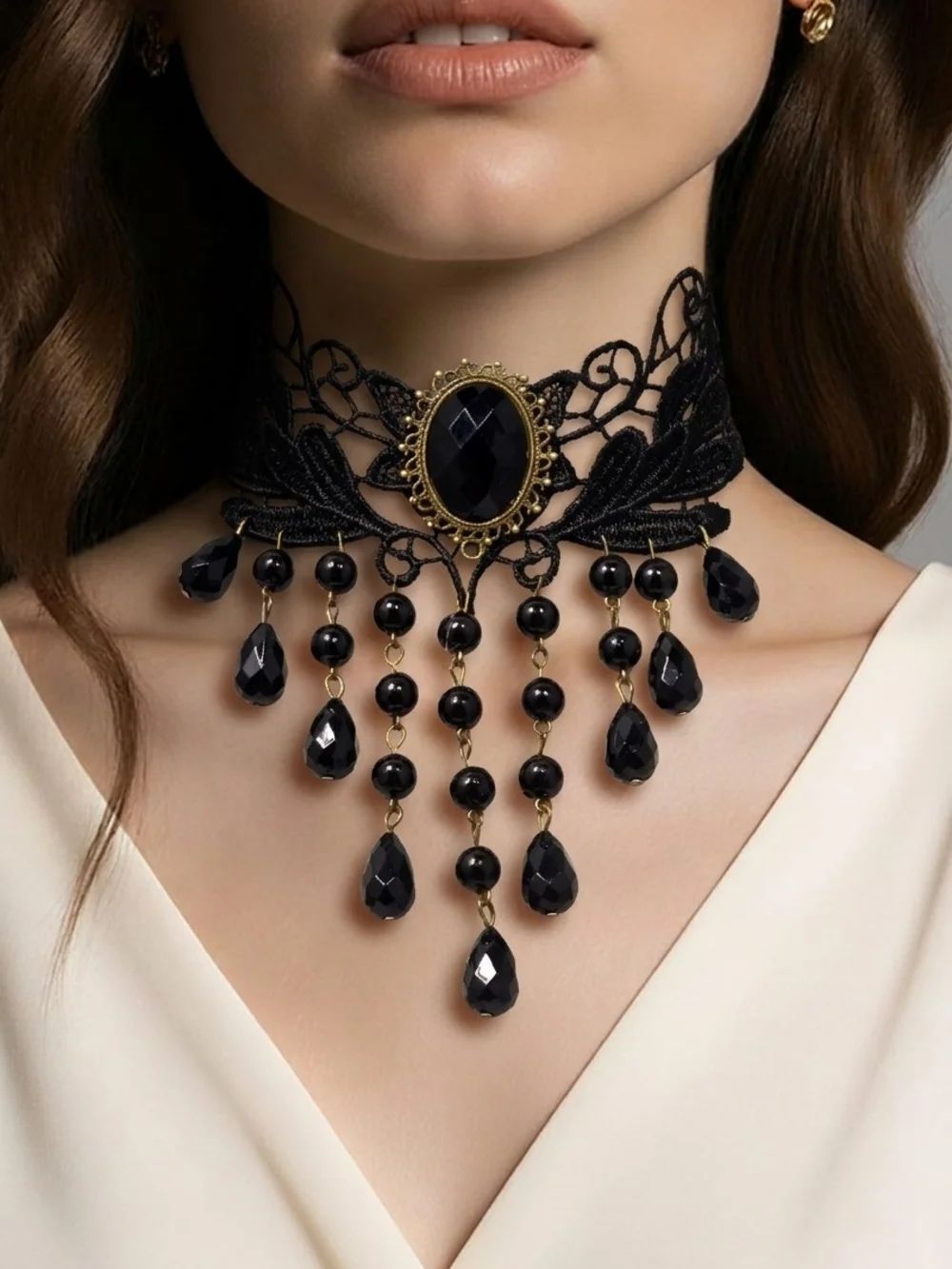 GothicāVictorian Lace Choker Black Gem Cascade Steampunk Lolita Vampire Necklace